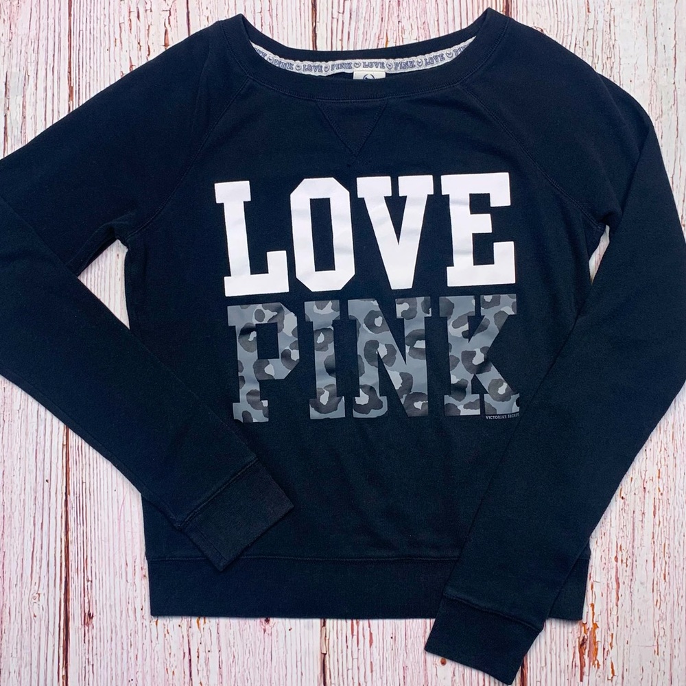 PINK Victoria’s Secret Love Pink Cheetah Logo Crew Neck Sweatshirt